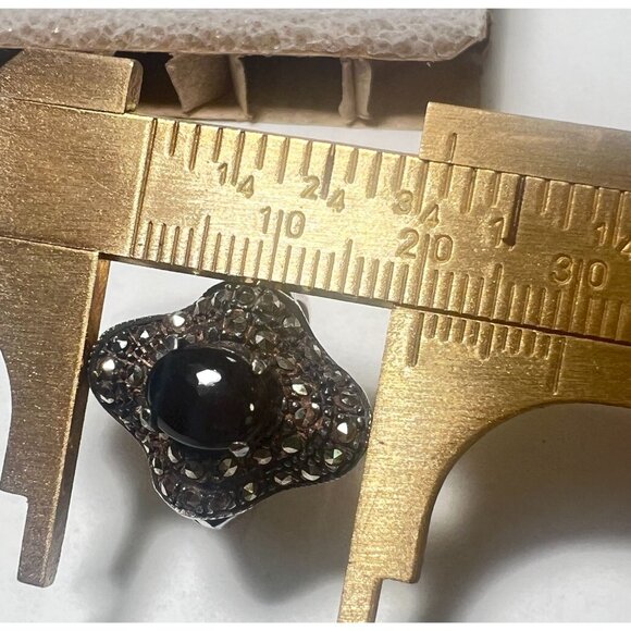 Vtg Black Onyx Marcasite Statement Ring 925 Thailand Silver Size 6.75 Wavy .75" - Picture 12 of 13